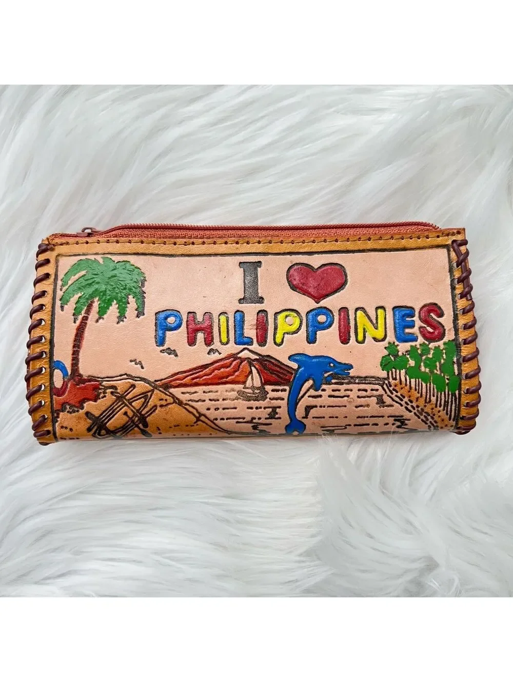 Philippines Leather Wallet Hand Tooled Painted Souvenir Zip Coin Purse 6”